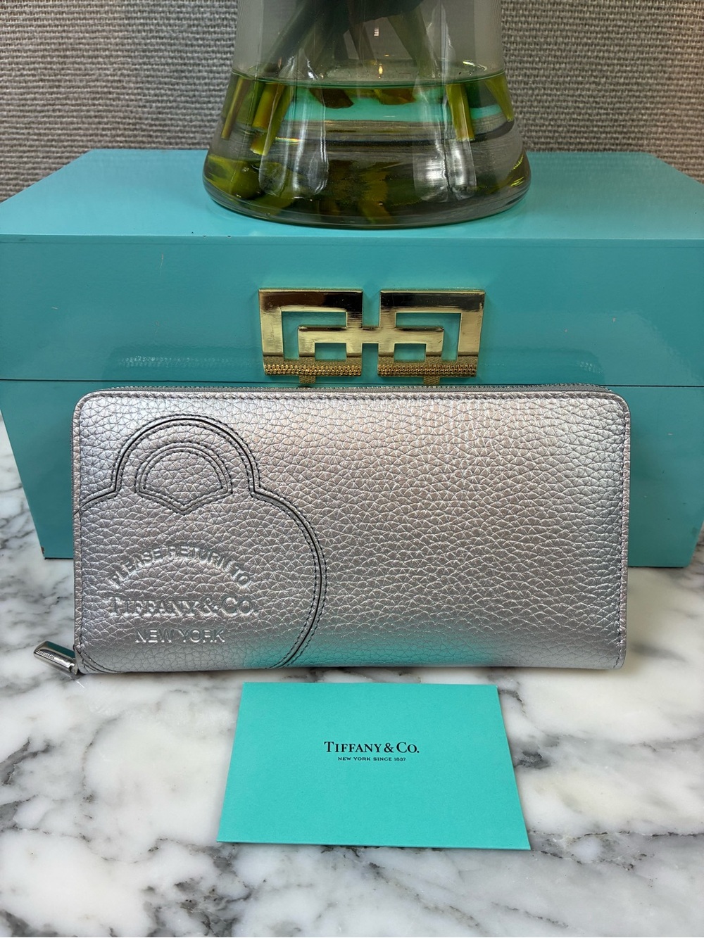 Tiffany & Co. Metallic Silver Leather Return to Tiffany Zip Around Wallet - NWT